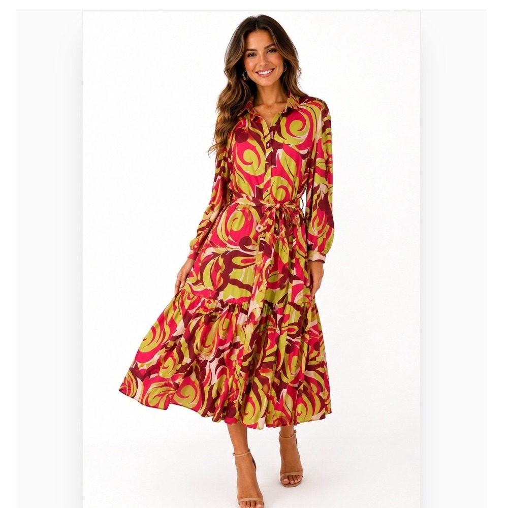 Flying Tomato Midi Dress Women's Medium Pink Lime Retro Swirl Belted